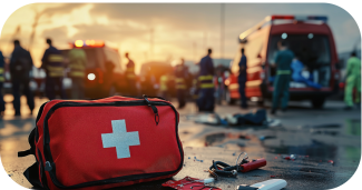 medical bag with disaster scene in the background