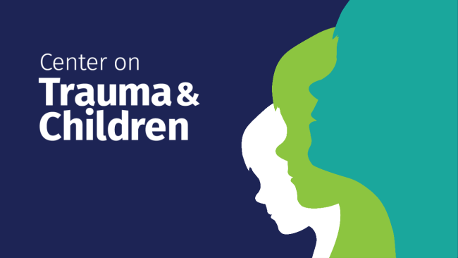 Center on Trauma and Children text with silhouettes of 3 children