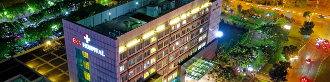 view of a hospital at night from above