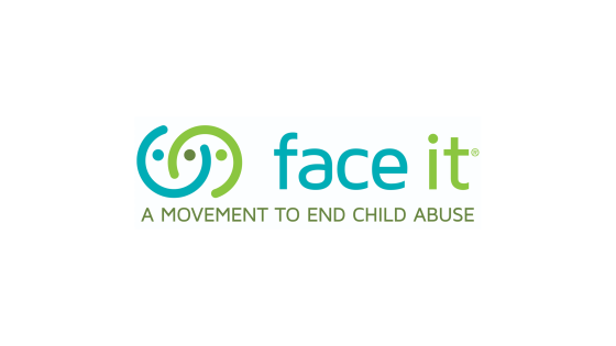 White field with blue and green face it, A Movement to End Child Abuse logo